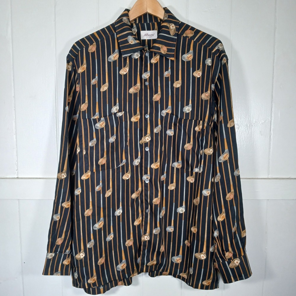 Brioni Sport Button Up Shirt Mens XL Black Golf Club Print Polyester